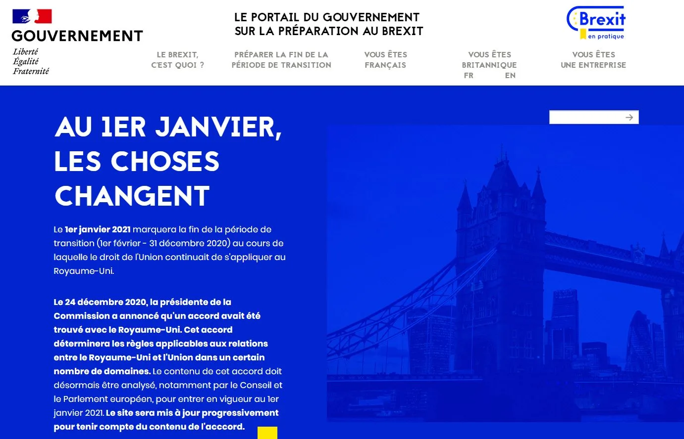 Page d’accueil site officiel d’information sur le Brexit 2021