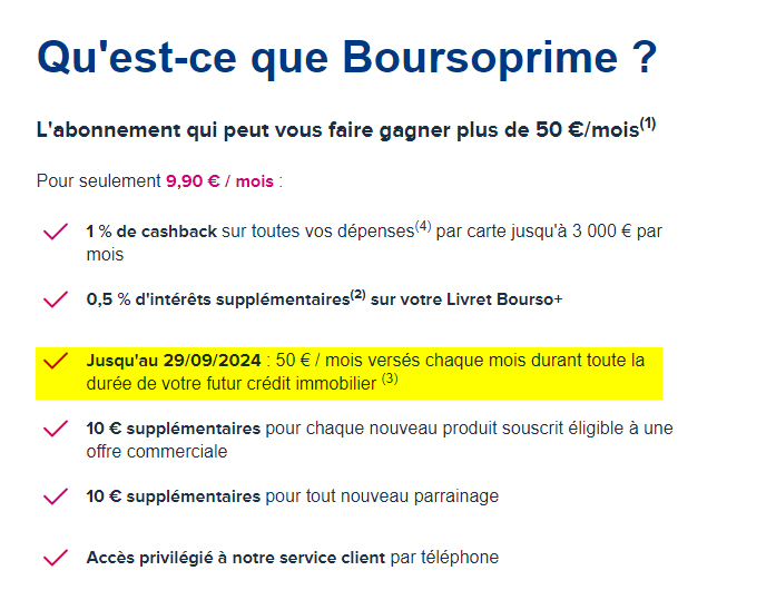 Copie écran, présentation de l’offre commerciale Boursoprime