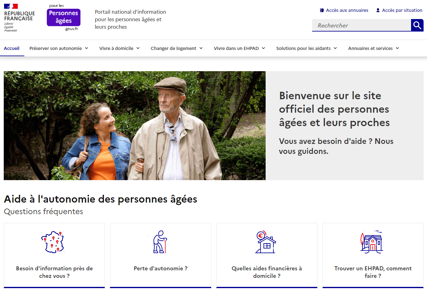 Page d’accueil du portail officiel pour les personnes âgées