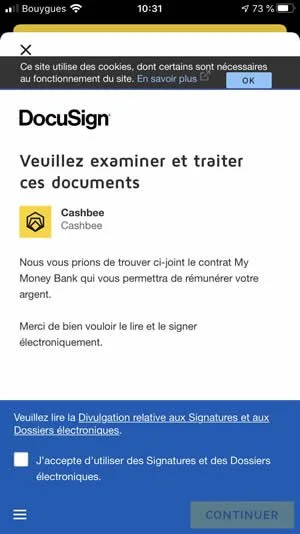 Signature en ligne via DocuSign sur App Cashbee