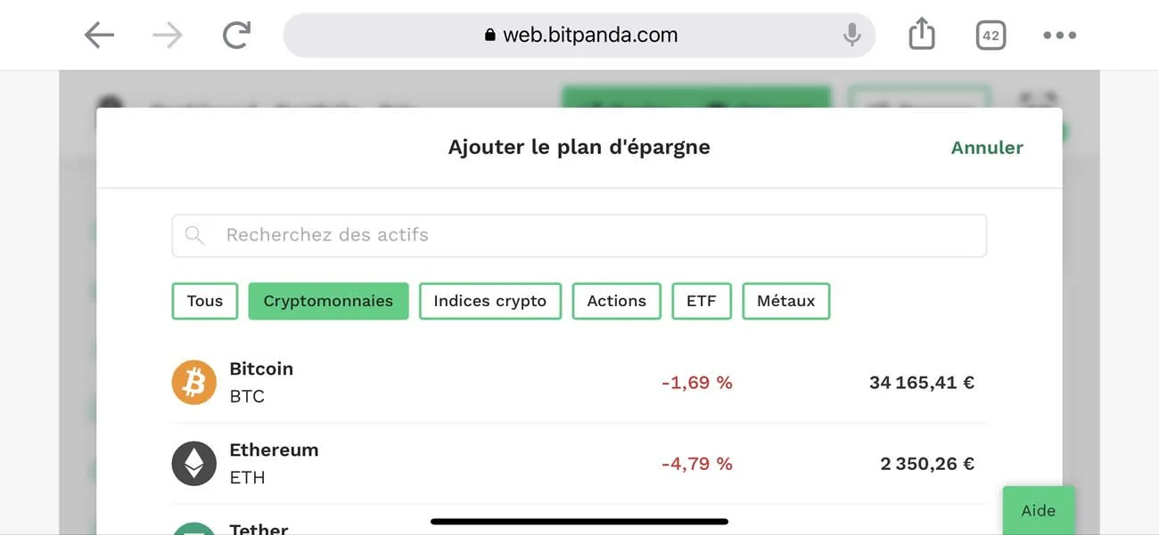 Copie écran mise en place plan d’épargne Bitpanda