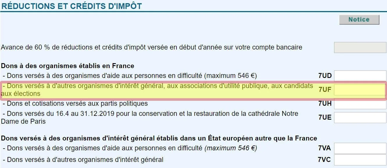 Portez case 7 UF de la déclaration 2042 RICI le montant des versements faits à des organismes situés en France