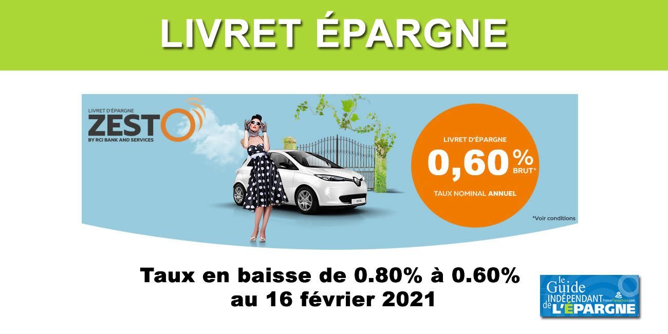 Livret épargne ZESTO (RCI Bank and Services) : baisse du taux à 0.60% au 16 février 2021 Livret épargne ZESTO (RCI Bank and Services) : baisse du taux à 0.60% au 16 février 2021