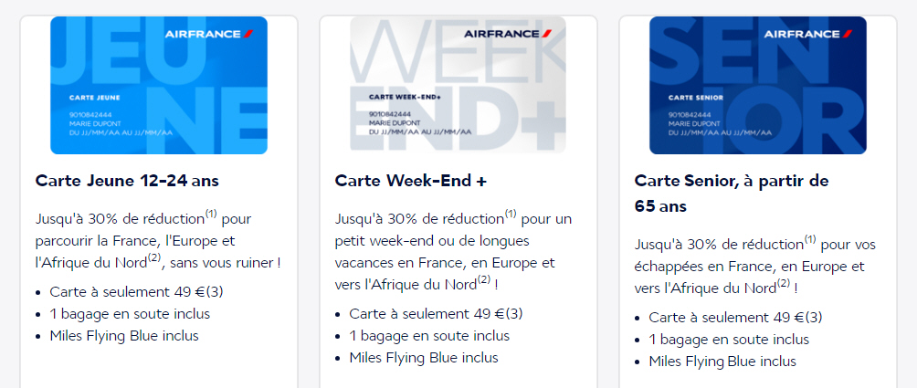 Cartes de réduction Air France à 25 € au lieu de 49 € (Jeune, Week-end+, Senior) à saisir avant le 1er février 2024