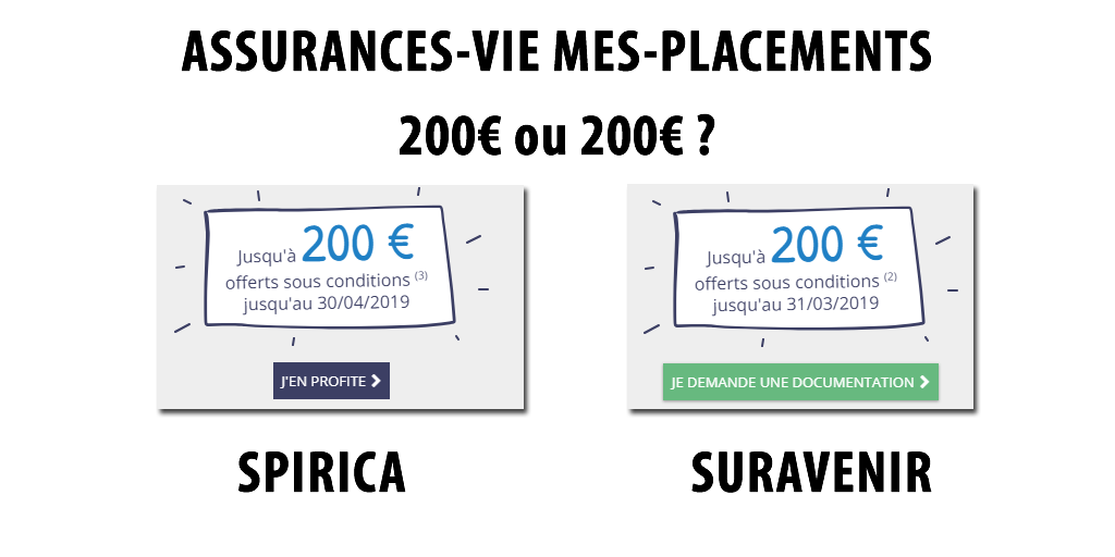Assurances-Vie Mes-Placements, assurées par Suravenir ou Spirica : 150 ou 200€ offerts selon votre versement, sous conditions